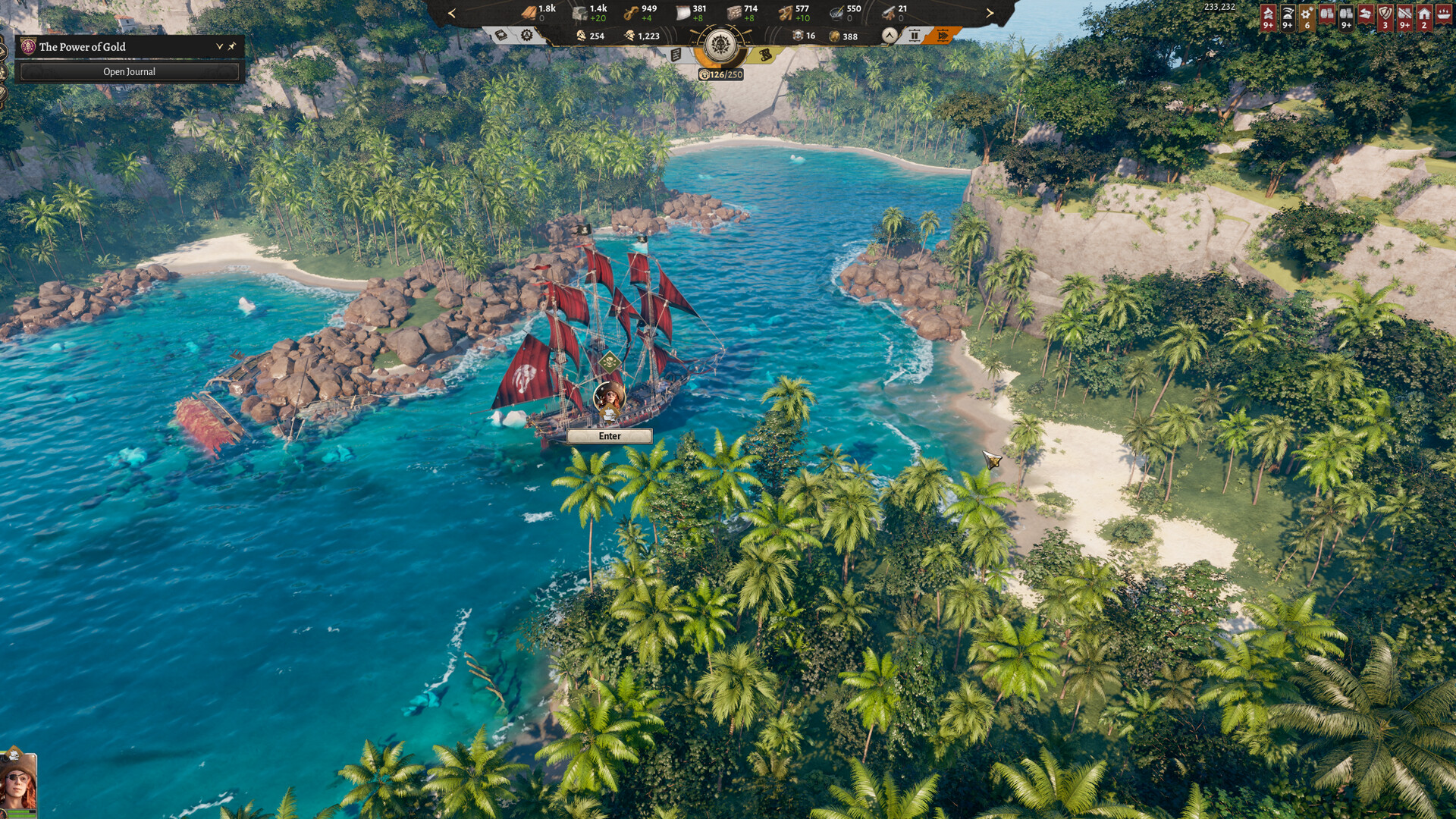 Ship wake and ocean surface around a tropical island in Corsair Cove